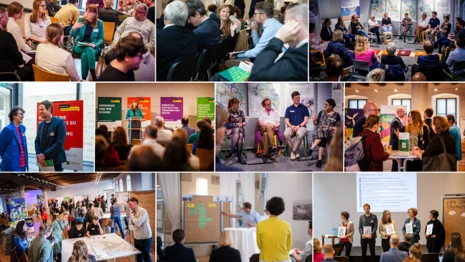 Collage aus unterschiedlichen Bildern der verschiedenen Veranstaltungen, auf denen Menschen im Gespräch abgebildet sind.