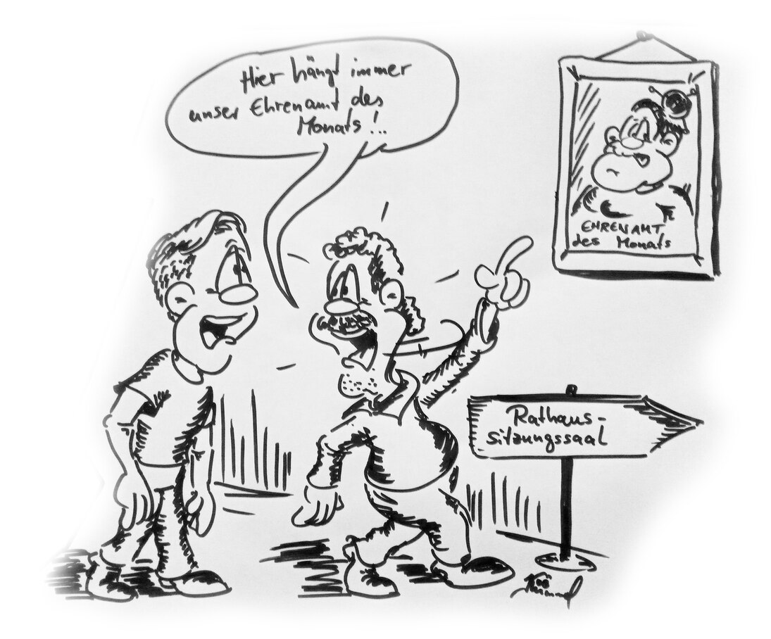 Comiczeichnung: Zwei Herren unterhalten sich über das Thema Ehrenamt.