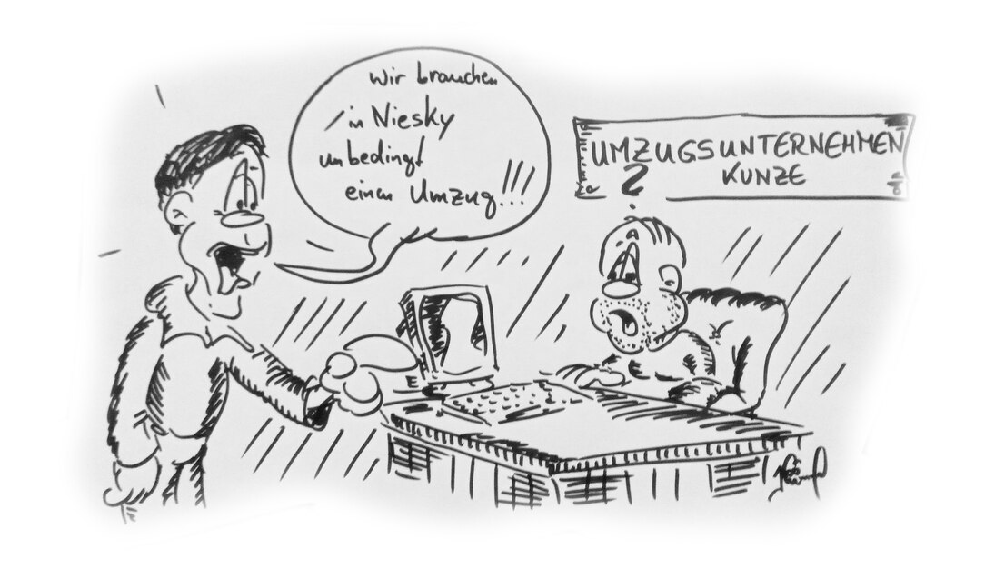 Comiczeichnung: Zwei Männer sprechen darüber, dass die Stadt Niesky einen Umzug benötigt.